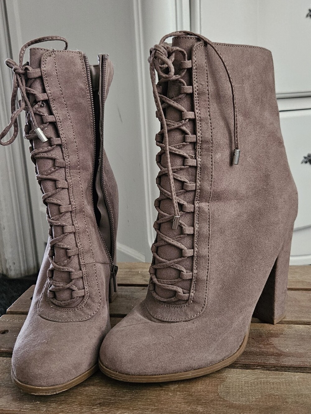 Carlos Lace-Up Suede Block Heel Boot in Taupe - Picture 3 of 5